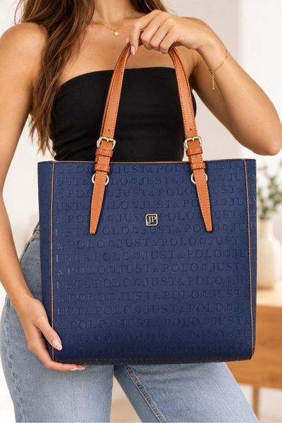 Just Polo Long Strap Women's Hand and Shoulder Bag Blue-Tan