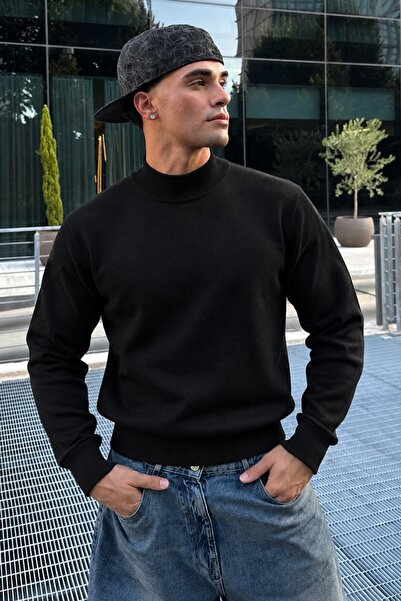 DAMGA JEANS Pulover negru pentru bărbați, cu guler înalt, tricotaj de iarnă
