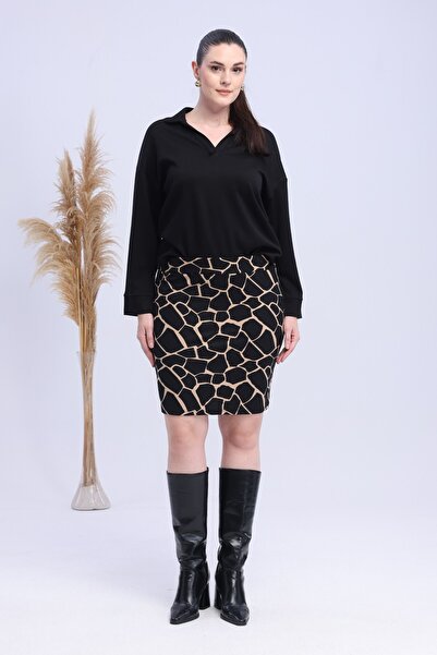Madwilo Women's Black Beige Stone Pattern Stretchy Short Pencil Skirt