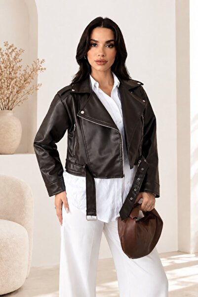 Potenza Women's Leather Jacket Short Belted Double Pockets Long Sleeve Zipper...