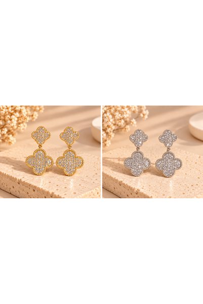 MİLANO BEAUTYS Women's Stone Clover Dangle Earrings – Gold and Silver Color S...