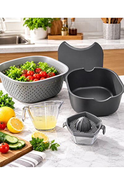 Multi Salata Hazırlama Seti 4'lü | Sebze Yıkama,Doğrama, Süzme ve Limon Sıkacağı GRİ