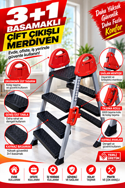 Liz GRUP 3+1 EXTRA GÜÇLÜ ÖZEL TASARIM GENİŞ PLASTİK BASAMAKLI METAL PROFİLLİ TAŞIMA KOLLU ÇİFT ÇIKIŞLI MERDİVEN