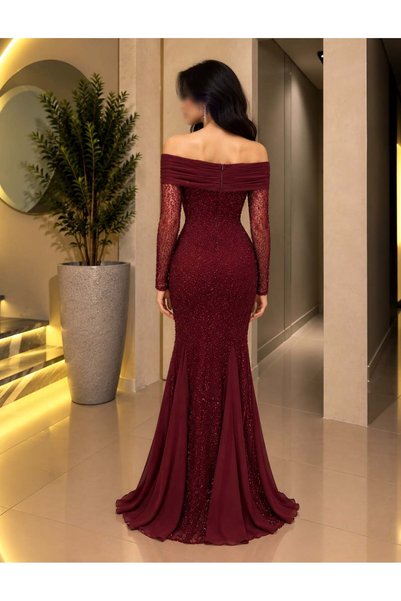 BAKLAFASHO Off Shoulder Mermaid Long Evening Dress with Beaded Bodice and Sheer Lace Sleeves
