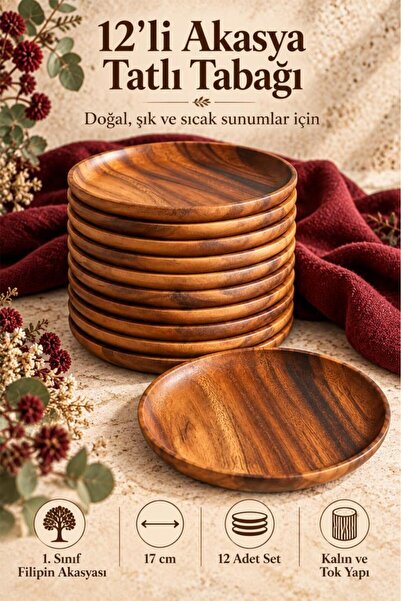Atbyhome 12'li Akasya Ahşap Tatlı Tabağı Seti 17 cm - Doğal Yuvarlak Pasta Ça...