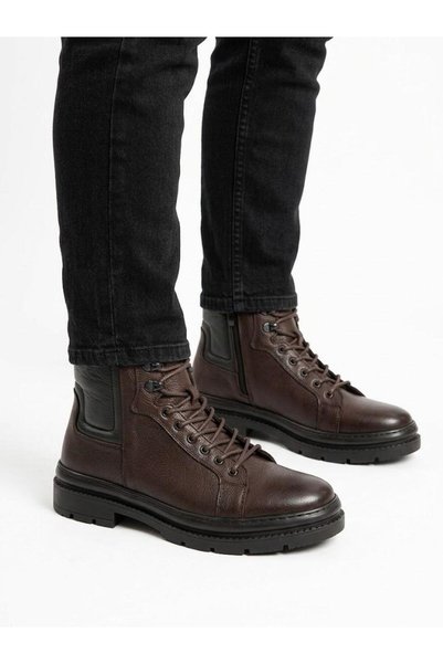 Lütfi Men's Brown Genuine Leather Comfortable Fit Orthopedic Sole Daily Boots
