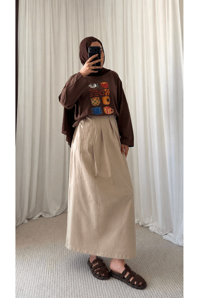 Hepsi Moda Waist Adjustable Wrapped Pleated Skirt - 0051 - Beige