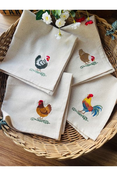HOME OF BLOSSOM 4-Piece Farmhouse Rooster Embroidered Raw Linen Napkin 40X40Cm