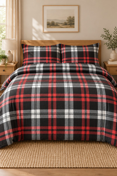 Cotton Collection طقم غطاء لحاف مزدوج من الفلانيل باللون الأسود المنقوش