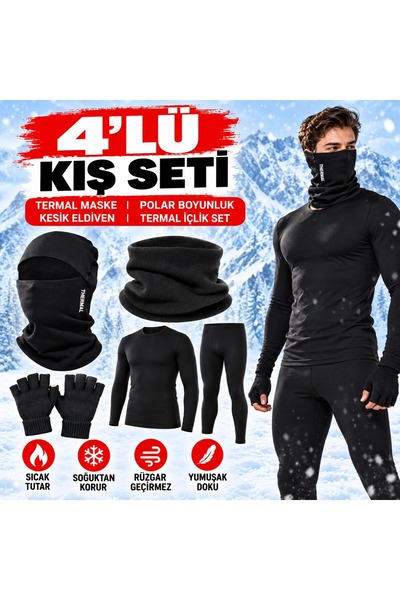 Unisex 4'lü Kışlık Termal Set – Termal Maske, Polar Boyunluk, Kesik Eldiven ve Termal İçlik Takımı