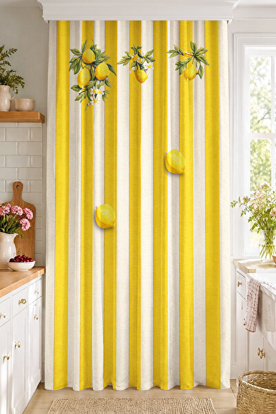 Realhomes Lemon and Green Leaf Patterned Striped Digital Printed Single Wing ...