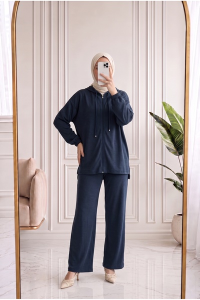 Holehola Vedia Hooded Zippered Pique Pants Set-Nl1118 Navy Blue