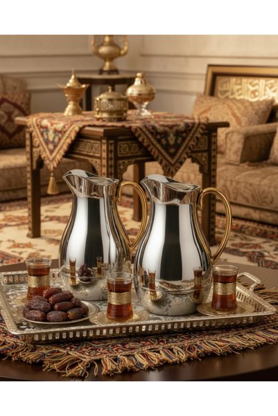 ALMEDYAF طقم ترمس فاخر فضي وذهبي من قطعتين 1 لتر + 1 لتر |   قوارير قهوة وشاي لامعة مع بطانة زجاجية، مزودة بزر ضغط |   الضيافة والهدايا