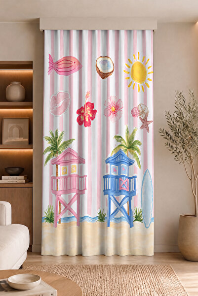 Realhomes Sea Themed Beach Hut Palm Tree Sun Seashell Patterned Digital Print...