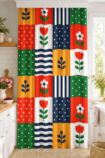Realhomes Patchwork Floral and Polka Dot Patterned Digital Printed Single Panel Background Curtain Decorative Living Room Curtain (Rural)