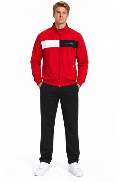 Marco Ferry Men's Stand Collar Sporty Detailed Tracksuit Set Red-9546