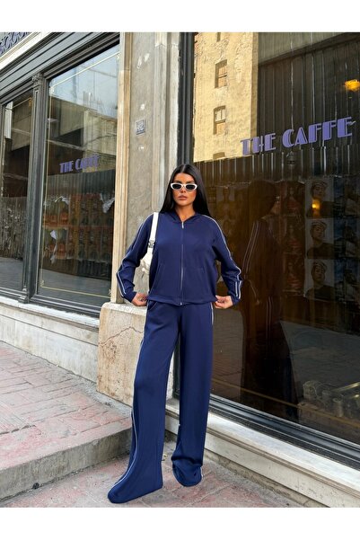 LE CARAMBOLE Women's Navy Blue Zippered Stripe Detailed Oversize Two-Piece Set