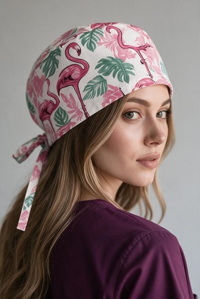 ÇİZGİ MEDİKAL Pembe Pelikan Desenli Bone (Cotton Likra Kumaş)