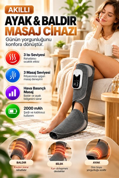 Merwish Akıllı Ayak ve Baldır Masaj Cihazı Isıtmalı Hava Basınçlı 3 Masaj Modlu 2000 mAh Şarjlı
