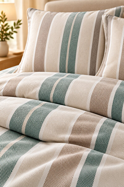 Cotton Collection طقم غطاء لحاف مزدوج من الفلانيل بخطوط ناعمة