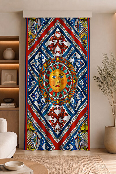 Realhomes Digital Printed Single Wing Background Curtain with Sun Face Figure...