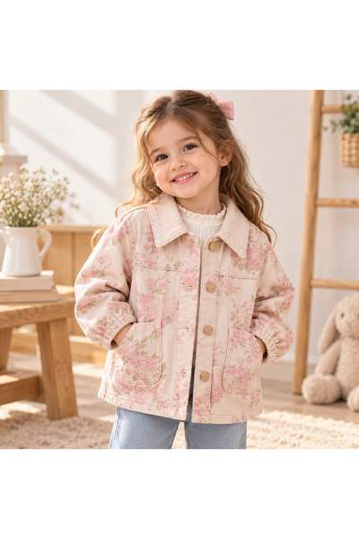 TucanKids Kız Çocuk Çiçek Desenli Doğal Ham Kumaş Mevsimlik Ceket – Düğmeli C...