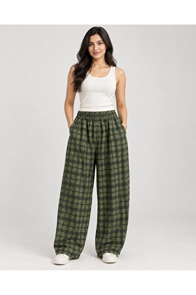 TENA Women's Khaki 8253 Gabardine Plaid Trousers with Elastic Waist
