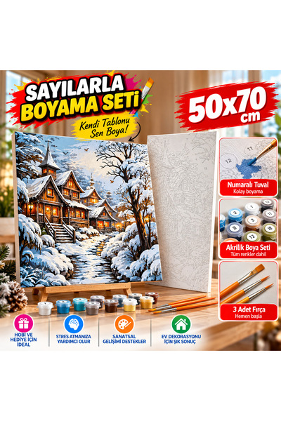 MEKSAPP KARLI KÖY EVİ 50*70 CM SAYILARLA BOYAMA SETİ TUVAL AKRİLİK BOYA 3 ADE...