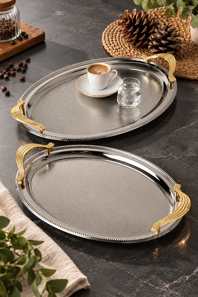 Decopat Luxury Set of 2 Stainless Steel Oval Trays – Patterned Serving and Pr...