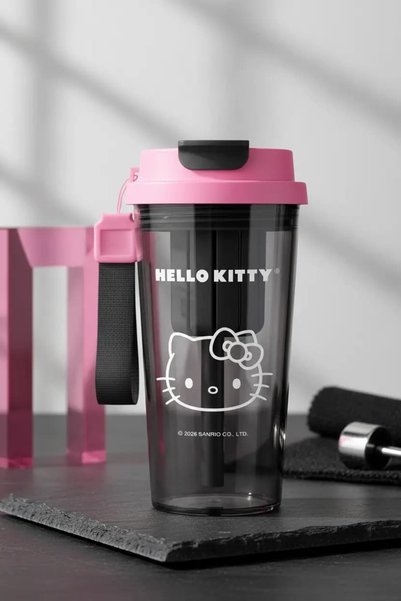 SANRIO Lisanslı Hello Kitty Siyah Beyaz Serisi Çift İçimli Plastik Matara 18,...
