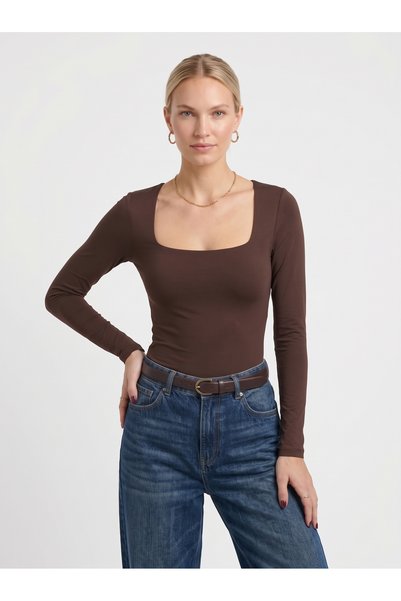 Noe Collection Women's Long Sleeve Square Neck Slim Fit Stretchy Bodysuit