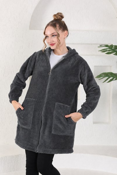 Kardelen Butik Ümraniye Plush Cardigan Anthracite Zippered Hoodie