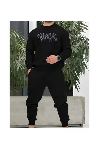 HAI COLLECTİON Men's Black Black Printed Oversize Tracksuit Set Unisex Sweats...