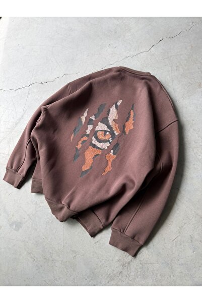 FO4RBS Εκτύπωση με σχέδιο μάτια, Oversize, 3 Thread, Crew Neck, Καφέ χρώμα