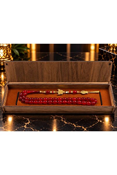 ATEŞ KEHRİBAR TESBİH AHŞAP KUTULU ÖZEL TASARIM PÜSKÜL 8X12MM
