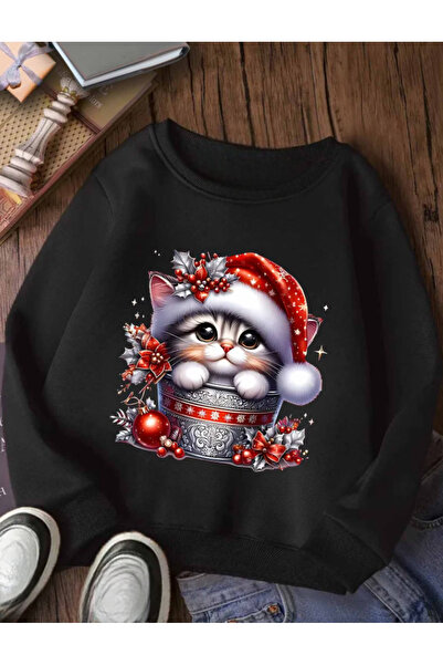 one button Unisex Women/Men Christmas Theme Cute Cat Printed Premium Crew Nec...
