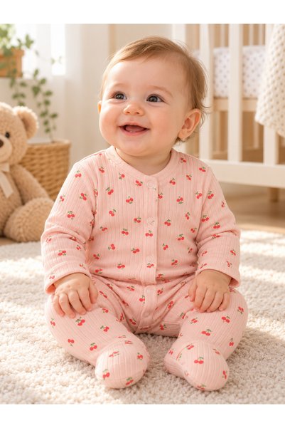Lilliy Cherry Patterned 100% Cotton Newborn Baby Romper with Booties and Long...
