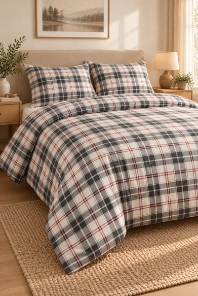 Cotton Collection طقم غطاء لحاف مزدوج من الفلانيل باللون الأحمر والأسود