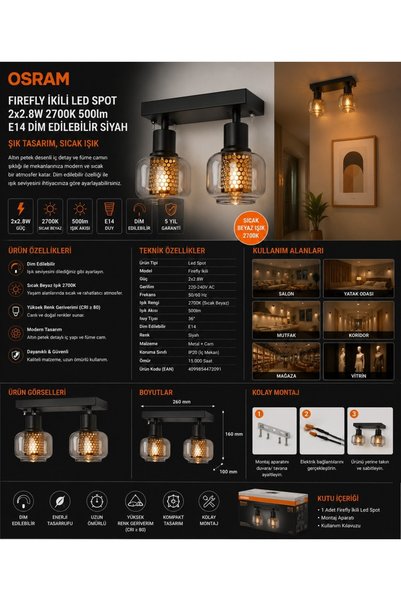 Osram Firefly İkili LED Spot 2x2.8W 500 Lümen 2700K E14 Dim Edilebilir Siyah