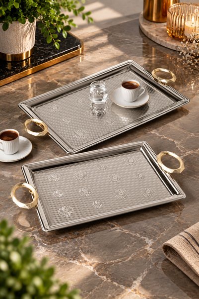 Decopat Set of 2 Stainless Steel Trays – Rectangular Patterned Serving Presen...
