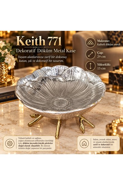 İki Yedi Konsept Keith 771 Dekoratif Döküm Metal Kase Çiçek Formlu Altın Ayak...