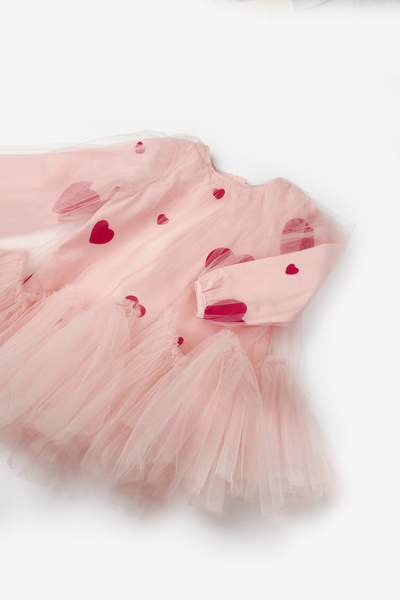 Le Mabelle Pink Heart Printed Tulle Detailed Girls' Dress - Heather