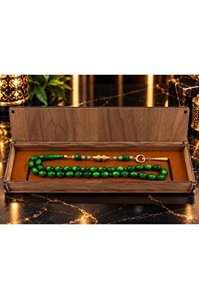 ATEŞ KEHRİBAR TESBİH AHŞAP KUTULU ÖZEL TASARIM PÜSKÜL 8X12MM