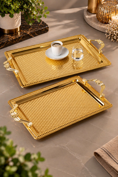 Decopat Set of 2 Stainless Steel Trays – Rectangular Patterned Serving and Pr...