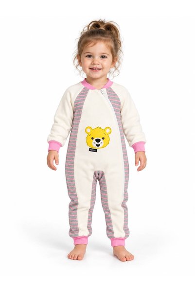 BY WORRN Teddy Bear and Pink Striped Zippered Baby Girl Sleeping Bag - Ecru