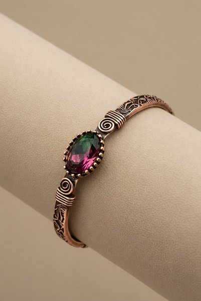 İyyaKee Women's Copper Bracelet with Mystic Tourmaline Stone, Authentic Model Handcuff Bracelet