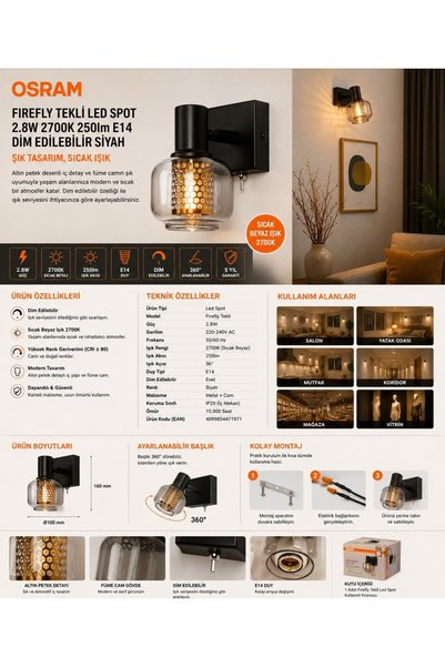 Osram Decor Spot Firefly Tekli LED Spot 2.8W 250 Lümen 2700K E14 Sarı Işık Siyah