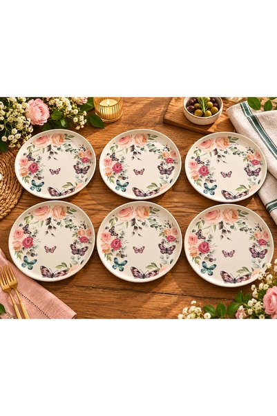 QUEEN OF SERAMİK Gül & Kelebek Desenli El Boyaması Seramik Servis Tabağı