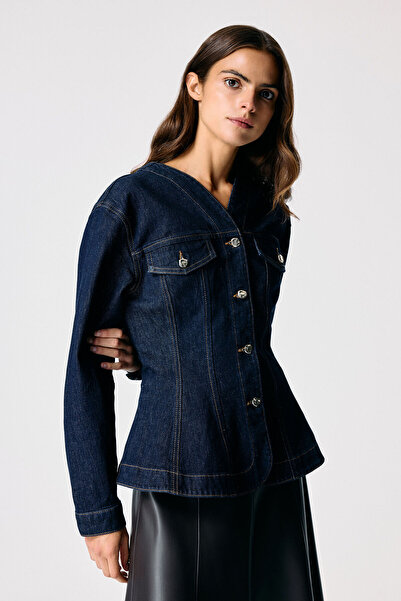 adL Lacivert Volanlı Denim Ceket