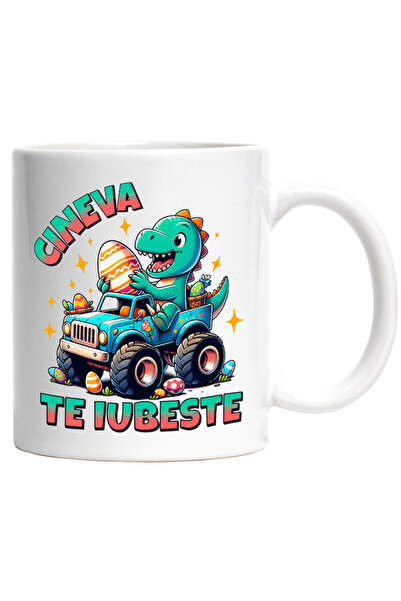 INOVATIX Cana alba personalizata,Dinozaur Vesel In masina De Teren Oua De Pes...